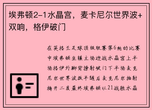 埃弗顿2-1水晶宫，麦卡尼尔世界波+双响，格伊破门