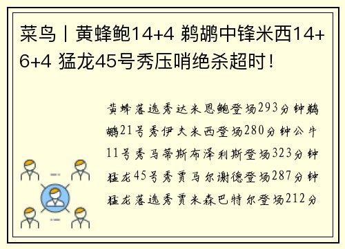 菜鸟丨黄蜂鲍14+4 鹈鹕中锋米西14+6+4 猛龙45号秀压哨绝杀超时！